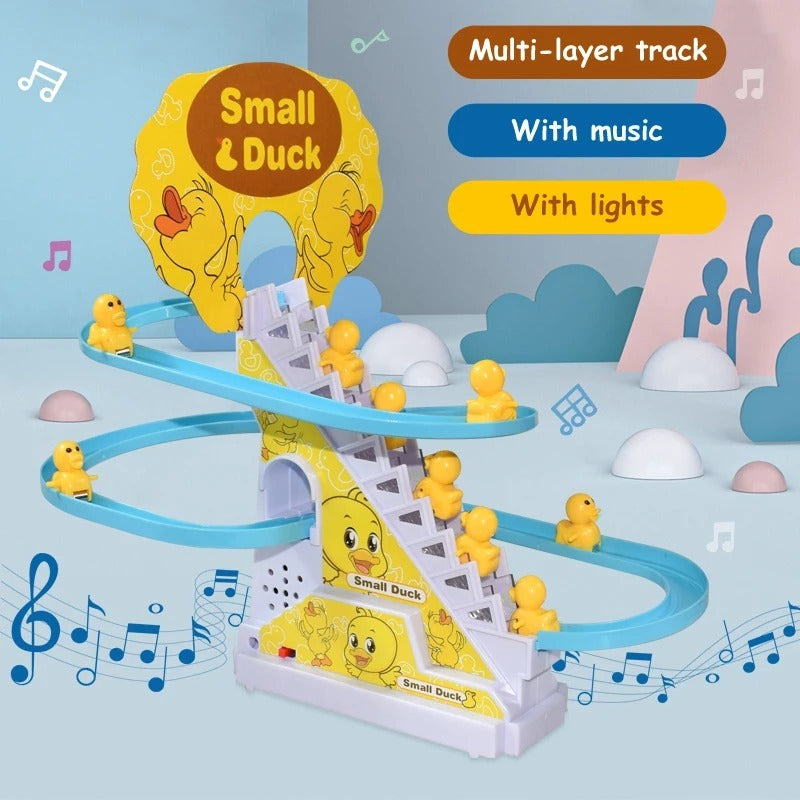 Duck Slide Toy Set, Funny Automatic Stair-Climbing Ducklings Cartoon Race Track Set Little Lovely Duck Slide Toy Escalator Toy with Lights and Music
