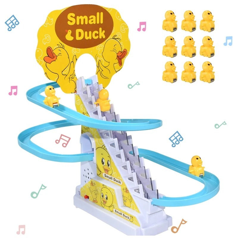 Duck Slide Toy Set, Funny Automatic Stair-Climbing Ducklings Cartoon Race Track Set Little Lovely Duck Slide Toy Escalator Toy with Lights and Music