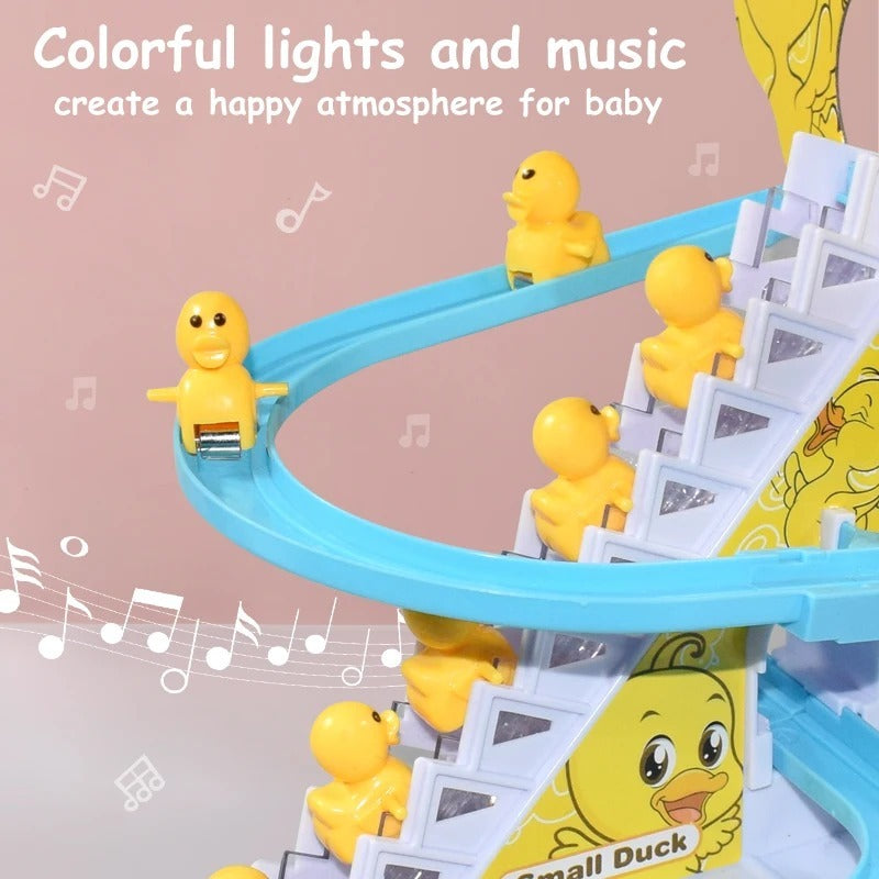 Duck Slide Toy Set, Funny Automatic Stair-Climbing Ducklings Cartoon Race Track Set Little Lovely Duck Slide Toy Escalator Toy with Lights and Music